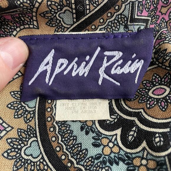 Vintage Faux Patchwork Print Dress, 1990s Bohemian Rayon Midi, Sz M April Rain - Picture 11 of 13